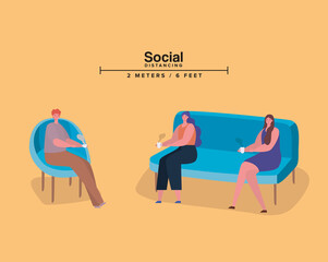 Social distancing between people on chair and couch with coffee mugs design of Covid 19 virus theme Vector illustration