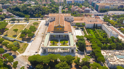Aerial view of the papal basilica of San Paolo outside the walls in Rome, Italy. The building is...