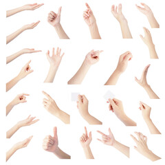 multiple collection hand of woman in gesture isolated on white background
