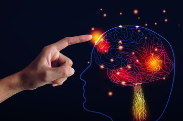 Human Hand touching brain head and brain. technology and creativity head and brain on black...