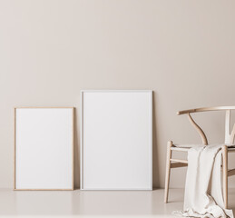 Mock up frame for two wooden posters in minimal interior, wooden chair on beige background