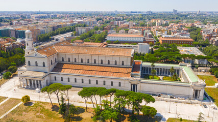 Aerial view of the papal basilica of San Paolo outside the walls in Rome, Italy. The building is one of the four papal basilicas of Rome