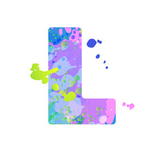 Bold letter L with effect of liquid spots of paint in blue, green, pink colors, isolated on white background. Decoration element for design of a flyer, poster, calendar, cover, title. Vector EPS10