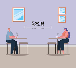 Social distancing between woman and man on tables with coffee mugs design of Covid 19 virus theme Vector illustration