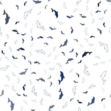 Dark BLUE vector seamless pattern with sea dolphins. Isolated sea dolphins on white background. Natural design for wallpapers.