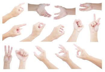 collection hand multiple of asian man in gesture isolated on white background
