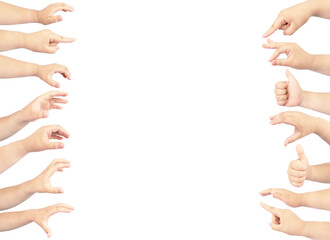 collection hand of fat girl in gestures isolated on white background