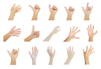 multiple hands collection of man and woman in gestures isolated on white background