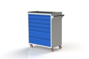 Metal tool cabinet on wheels with drawers. A convenient place for storing tools and spare parts. Metal furniture.  3D-model rendering of the table for shooting from above.