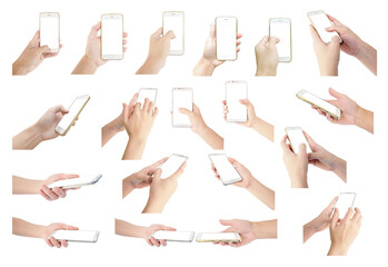 smartphone with white screen in hand by holding with multiple collection of man and woman isolated...