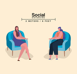 Social distancing between women on chairs design of Covid 19 virus theme Vector illustration