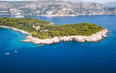 Fototapeta na wymiar Aerial view of Lokrum Island, a popular tourist destination outside King's Landing, Old Town Dubrovnik, Croatia
