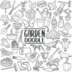 Garden tools and animals doodle set. Outline vector Illustration, gardening and horticulture. Home Agriculture equipment.