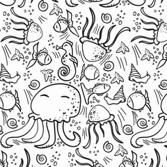 Underwater world illustration. Sea life. Seamless pattern on a white background. Vector under the sea, seahorse, octopus, fish, jellyfish