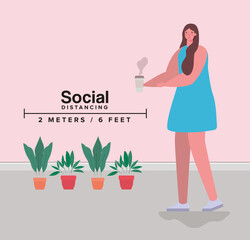 Social distancing of woman with coffee mug design of Covid 19 virus theme Vector illustration