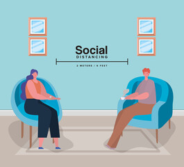 Social distancing between woman and man on chairs design of Covid 19 virus theme Vector illustration