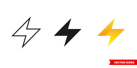 Lightning icon of 3 types. Isolated vector sign symbol.