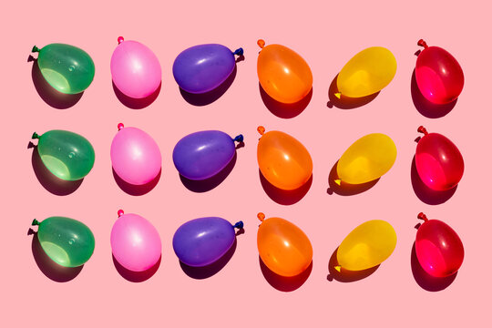 Studio shot of rows of colorful water balloons