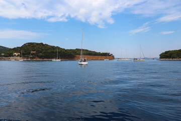 Beautiful red coast of Vrgada island, located in central Dalmatia, on the croatian side of Adriatic, covered in green, pine forest, photographed from boat