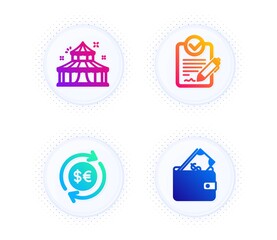 Money currency, Rfp and Circus icons simple set. Button with halftone dots. Wallet sign. Cash change, Request for proposal, Attraction park. Usd cash. Business set. Vector