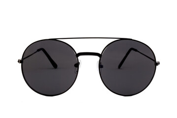 Aviator sunglasses with black thin frames and matte lenses isolated on white background. Front view.