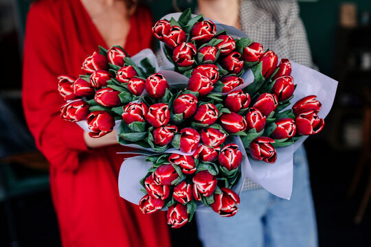 Close-up of two women showing red tulips