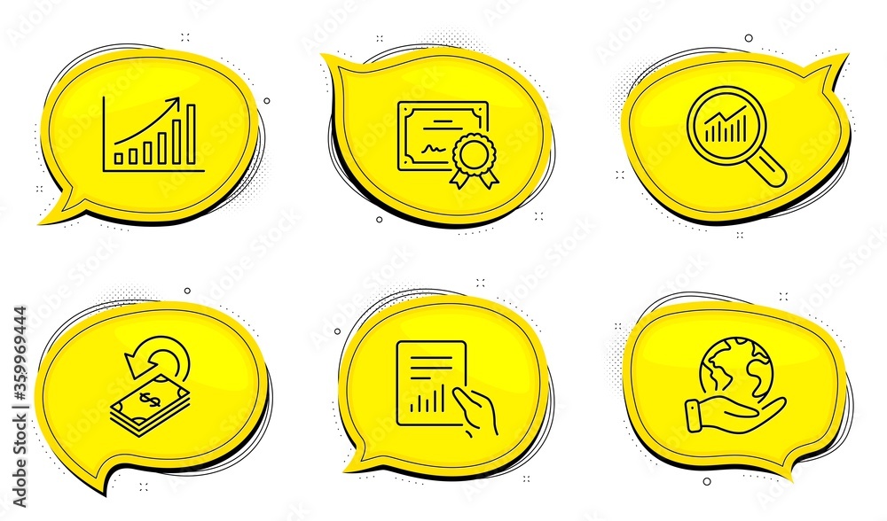 Poster cashback sign. diploma certificate, save planet chat bubbles. data analysis, document and graph char