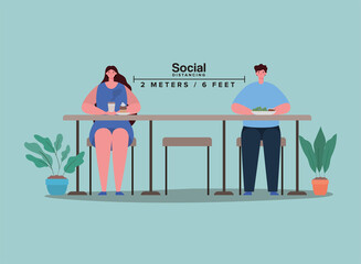 Social distancing between boy and girl cartoon at table design of Covid 19 virus theme Vector illustration