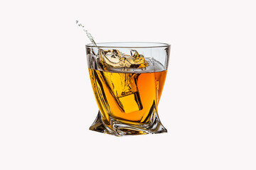 The glass of whisky isolated on white background. With ice and splash..