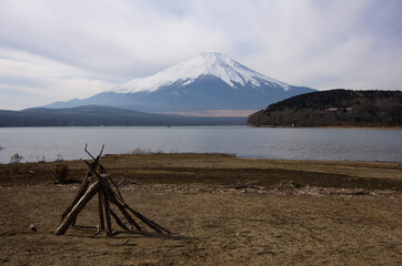 Mount Fuji with snowcap with beach foreground, from Lake Yamanaka, Japan