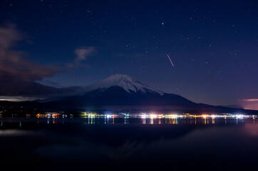 Mount Fuji with snowcap & starry night, from Lake Yamanaka, Japan