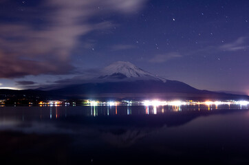 Mount Fuji with snowcap & starry night, from Lake Yamanaka, Japan