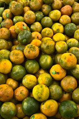 Unripe oranges on the market counter