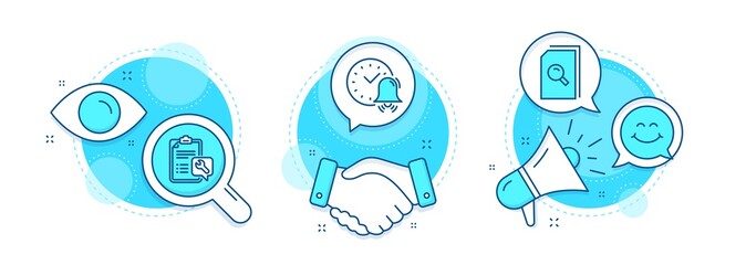 Search files, Smile face and Alarm bell line icons set. Handshake deal, research and promotion complex icons. Spanner sign. Magnifying glass, Chat, Time. Repair service. Technology set. Vector