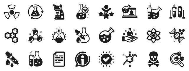 Chemical formula, Microscope and Medical analysis. Chemistry lab icons. Laboratory test flask, reaction tube, chemistry lab icons. Microscopic research, toxic radiation. Vector