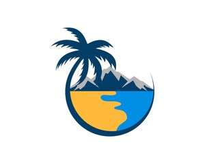 Circle palm tree with beach and mountain inside