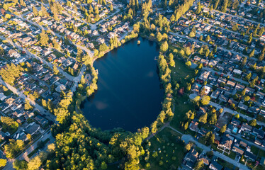 Aerial view of Como Lake in Coquitlam, British Columbia