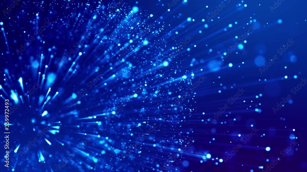Poster blue shiny sparkling particles with light rays move in a viscous liquid. it is 4k 3d animation as mo