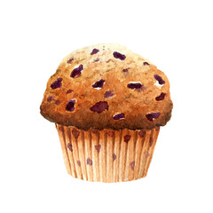 Muffin with blueberry isolated on white background. Watercolor hand-drawn illustration. 
Perfect for your project, cards, prints, covers, menu, patterns.