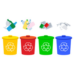 colored trash cans blue red with metal, paper, plastic, glass and organic waste suitable for reuse reduce recycle. waste sorting garbage. vector illustration