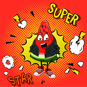 Stylish watermelon character in comics style. Fruit in black jackets and sneakers. Youth trendy clipart for printing on fabric or packaging for products. Pop art background with text super star.