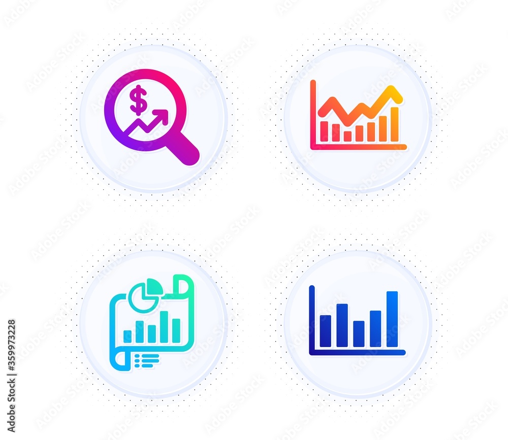 Poster report document, currency audit and infochart icons simple set. button with halftone dots. column ch