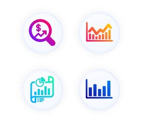 Report document, Currency audit and Infochart icons simple set. Button with halftone dots. Column chart sign. Growth chart, Stock exchange, Financial graph. Finance set. Vector
