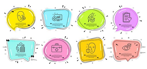 Problem skin, Bio shopping and Face protection signs. Speech bubbles with quotes. Check eye, Patient history and Medical analytics line icons set. First aid, Hypoallergenic tested symbols. Vector