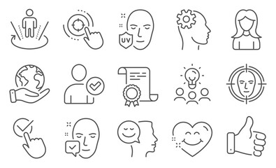 Set of People icons such as Engineering, Uv protection, Like hand. Diploma, ideas, save planet. Seo target, Face detect, Identity confirmed. Good mood, Augmented reality, Woman. Vector