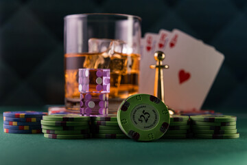 Casino set with Roulette, cards, dice and chips