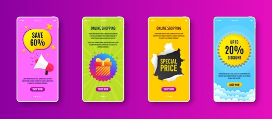 Gift box badge. Phone screen banner. Discount sale banner. Coupon present icon. Sale banner on smartphone screen. Mobile phone web template. Gift box promotion. Interface with torn paper hole. Vector