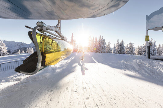 Austria, Styria, Schladming, Planai chairlifts at sunset
