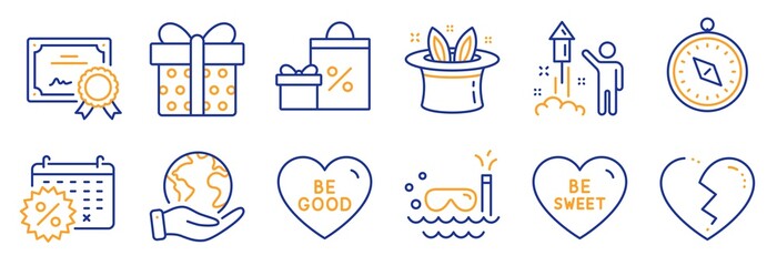 Set of Holidays icons, such as Broken heart, Calendar discounts. Certificate, save planet. Travel compass, Be good, Scuba diving. Be sweet, Fireworks, Gift box. Hat-trick, Shopping line icons. Vector