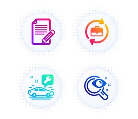 Car service, Human resources and Article icons simple set. Button with halftone dots. Vision test sign. Repair service, Job recruitment, Feedback. Eyesight check. Business set. Vector